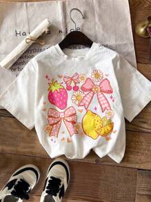 SHEIN Chill Summer, Vacay Vibes Bowknot, Fruit & Flower Graphic, Teen Girls Casual Basic Round Neck Short Sleeve T-Shirt, Suitable For Summer - Multicolor - View 4