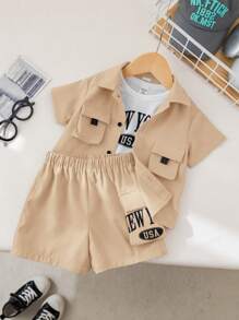 SHEIN 3pcs/Set Baby Boy/Girl Letter Print Soft Knit Collared Short Sleeve Cardigan And Solid Color Elastic Waist Shorts - Khaki - View 3