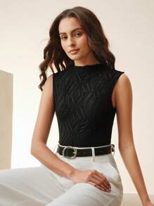 Anewsta Women's Fashion Solid Textured Fabric Sleeveless Ruffled Collar Fitted Camisole - Black - View 2