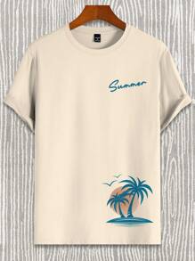 Manfinity RSRT 男士休闲椰子树和字母印花圆领短袖T恤，夏季 - 杏色 - 查看 3