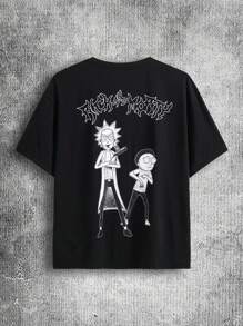 Rick and Morty X SHEIN Men's Cartoon & Letter Print Black Round Neck Short Sleeve T-Shirt, Emo, 2000s Style - Black - View 1