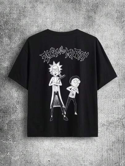 Rick and Morty X SHEIN Men's Cartoon & Letter Print Black Round Neck Short Sleeve T-Shirt, Emo, 2000s Style