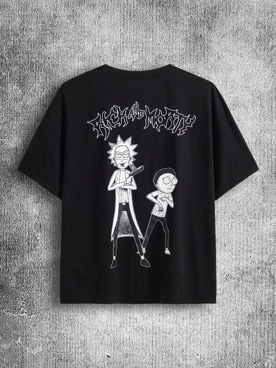 Rick and Morty X SHEIN Men's Cartoon & Letter Print Black Round Neck Short Sleeve T-Shirt, Emo, 2000s Style - Black - View 1