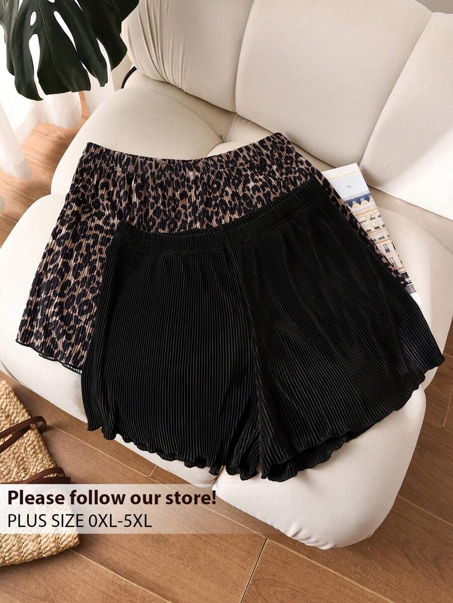 CosyJoli 2 Pcs/Set Plus Size Summer Casual Leopard Print & Solid Color Pleated Shorts - Multicolor - View 1