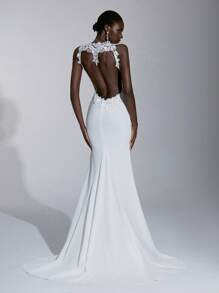 Elitara 无袖纯色美人鱼露背优雅蕾丝刺绣婚纱 - 白色 - 查看 7