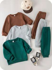 SHEIN 6件套男女宝宝百搭纯色卡其绿灰长袖卫衣及松紧腰裤套装，适合秋冬季户外运动穿着。