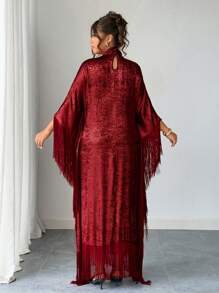 Elenzga Plus Size Women High Collar Batwing Sleeve Fringed Elegant Solid Color Dress - Red - View 2