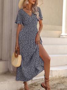 LanaWest Vacation Casual Ditsy Ditsy Floral Side Slit Dress