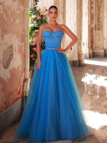 Glamrae 优雅的蓝色抹胸，带有荷叶边前幅、宝石链装饰和蓬松的 A 字裙，可调节系带后开合（可拆卸肩带），适合约会、度假、婚礼、特殊场合、正式活动 - 藍色 - 查看 3