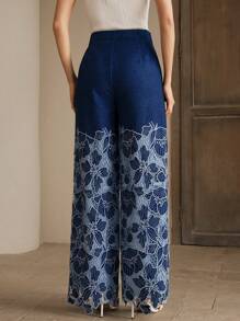 Anewsta Pantalones anchos de vacaciones con bordados y calados para mujer, primavera/verano - Azul - Ver 2