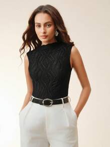 Anewsta Women's Fashion Solid Textured Fabric Sleeveless Ruffled Collar Fitted Camisole - Black - View 4