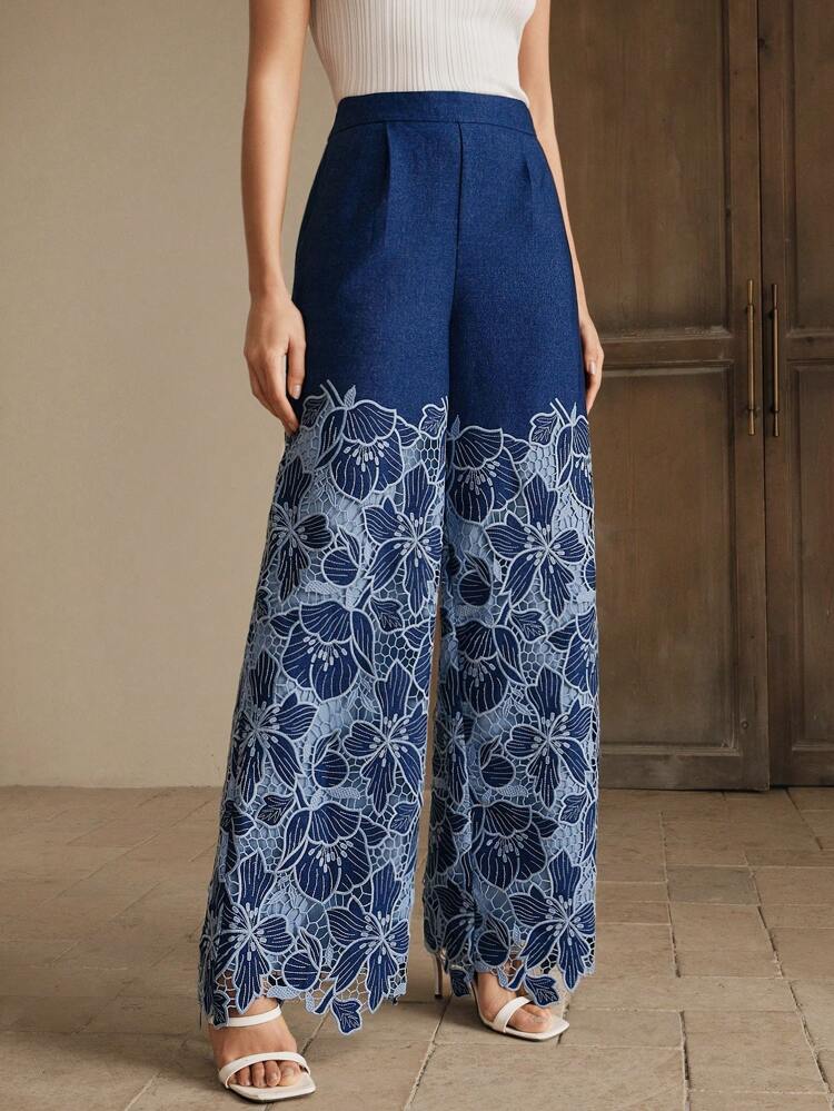 Women's New Embroidered Hollow Out Vacation Wide Leg Pants, Spring/Summer