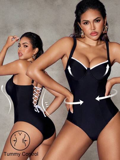Shapewave 1pc Women's Elegant Swimsuit With Black & White Contrast Color Wide Strap, Steel-Boned Soft Package, Rear Lace-Up Design, Bodyshaper For Summer Beach Vacation