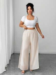 Elenzga Pantaloni eleganti con fessura, in chiffon, con bottoni, taglie forti