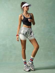 VARSITIE Women's Shiny Silver Athletic Skort Featuring Contrasting White Inner Shorts. These Short Activewear Bottoms Come With A Pocket And Knit Fabric For High Elasticity And Comfortable Movement.