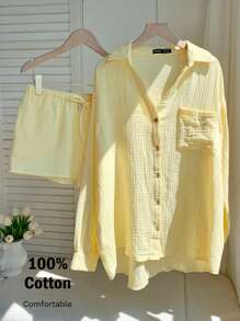 Comfortcana Bộ 2 món áo sơ mi dài tay rộng rãi bằng vải chiffon màu vàng kem và quần short dành cho nữ - Màu vàng - Xem 5