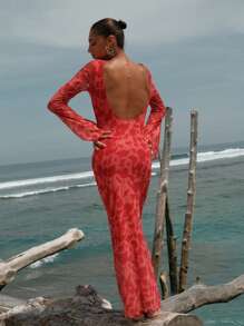 Opulessa Fitted Knitted Fabric Maxi Dress With Extra-Long Sleeves In Elegant Red Red Dress Open Back Dress Red Vacation Dress Backless Dress Red Cover Up