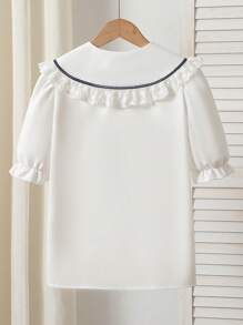 Mädchen Teenager Kollegial Lässig Bluse, mit Spitzen Peter Pan Kragen, Rüschensaum, Puffärmeln, Schleifenakzent - einzigartiges Design, akademischer Stil Kurzarmbluse