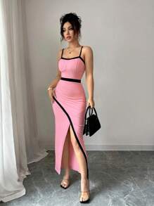 Rafferiza 女式休闲拼色长款吊带连衣裙 - 粉色 - 查看 3