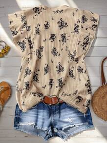 Linhara Plus Size Women Casual Vacation Floral Print Ruffle Trim Shirt - Multicolor - View 2