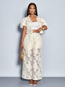 SOLERSUN Áo sơ mi tay ngắn cài nút phía trước lãng mạn thanh lịch dành cho nữ và quần ống rộng Bộ 2 món thường ngày, họa tiết hoa mùa xuân/hè để đi chơi, đi nghỉ - Màu be - Xem 6