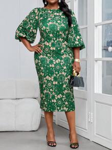 Fleurora 春夏优雅通勤办公室彩色针织圆领铅笔喇叭袖中长袖大码连衣裙女士夏装女士夏装女士夏装女士夏装大码夏装 - 綠色 - 查看 5