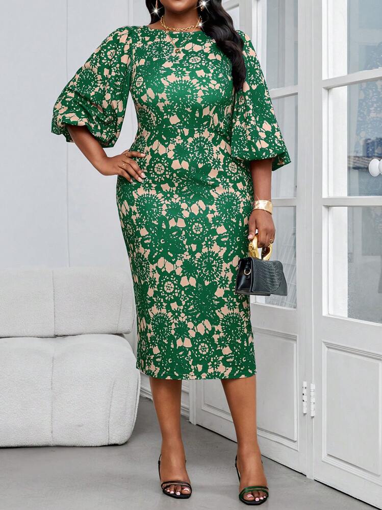Spring And Summer Elegant Commuting Office Colorful Knitted Scoop Neck Pencil Bell Sleeve Midi Quarter Sleeves Plus Size Dresses Summer Outfits For Women Summer Dresses For Women Summer Dresses Women Summer Clothes Plus Size Summer Clothes,Wedding Guest Dress Women - Green - View 5