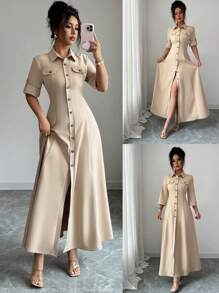 Elenzga Women Elegant Commuter Solid Color Front Button Down Long Dress - Khaki - View 8