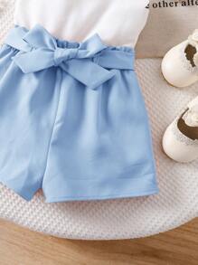 SHEIN 女婴可爱白色吊带背心和松紧腰短裤两件套，夏季 - 藍白色 - 查看 4