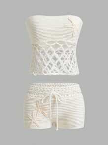 Sweetina 2 件夏季外出海滩夏威夷可爱女士两件套服装和毛衣短裤适合日常穿着钩针套装 - 白色 - 查看 1