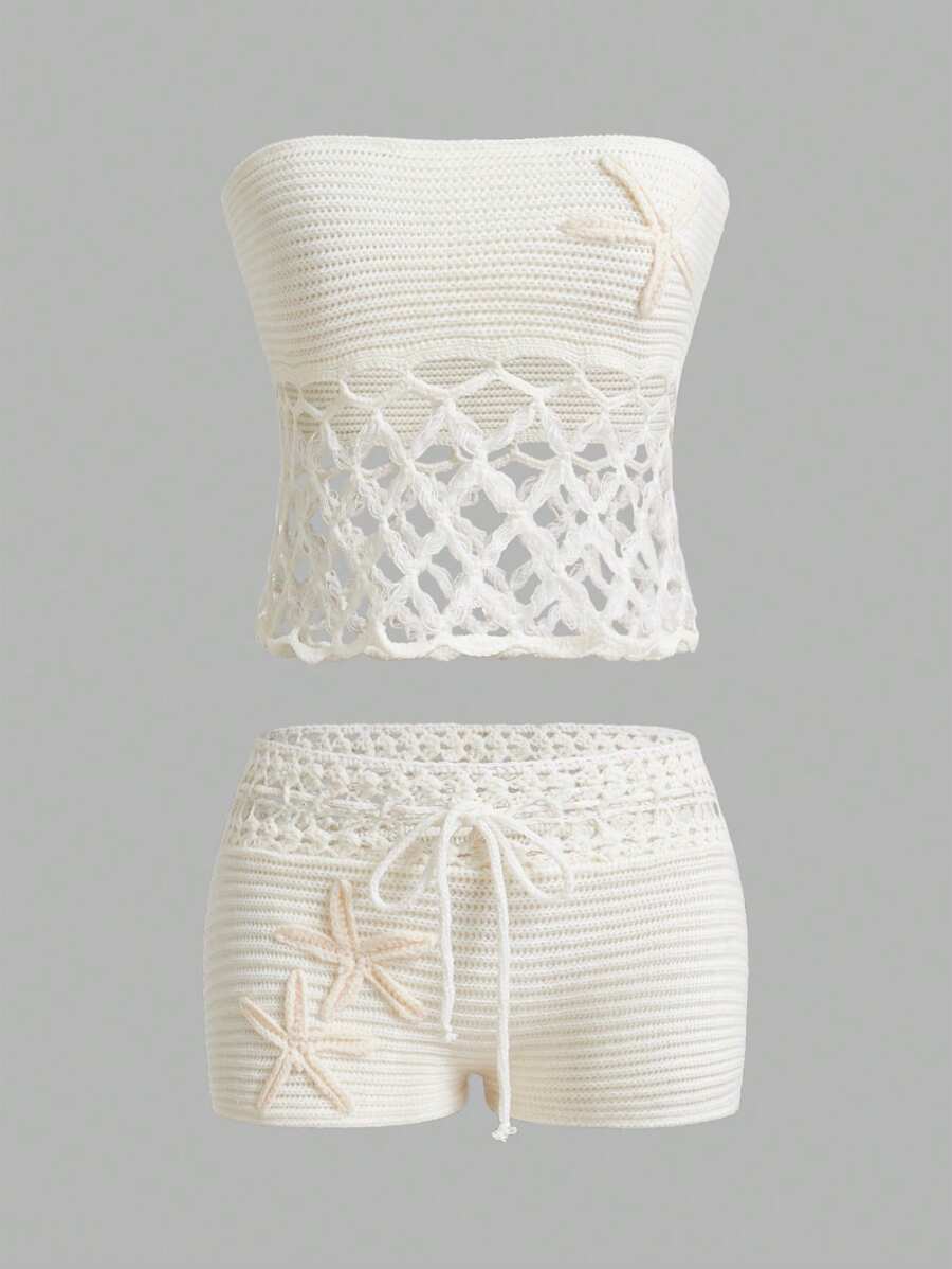 Sweetina 2 件夏季外出海滩夏威夷可爱女士两件套服装和毛衣短裤适合日常穿着钩针套装 - 白色 - 查看 1