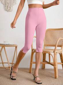 SHEIN LUNE Solid Color Tight-Fitting Fashion High Waist Cropped Leggings - Pink - View 4
