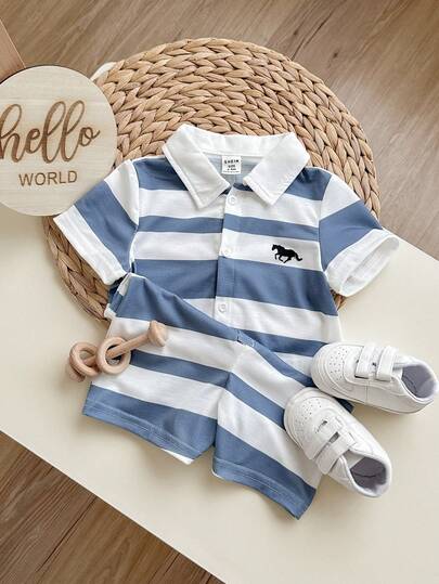 新生兒男女通用條紋短袖衣領連體褲套裝