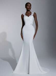 Elitara 无袖纯色美人鱼露背优雅蕾丝刺绣婚纱 - 白色 - 查看 8