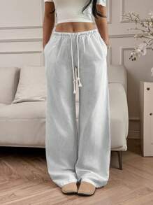 SHEIN PETITE 粉色条纹棉质低腰抽绳斜口袋直筒阔腿裤，休闲优雅百搭，适合春夏季娇小女性