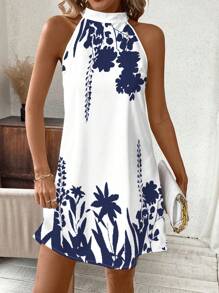SHEIN Clasi Casual Floral Pattern Halter Neck Loose Short Dress, Comfortable For Summer,Boho Clothes Women Suitable For Going Out Chic Dress - Multicolor - View 4