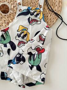 2 件套男婴卡通动物印花围兜 + 短裤 2 件套服装套装，适合春夏休闲、家居、派对穿着 - 白色 - 查看 3