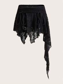 SHEIN ICON Women's Summer Lace Patchwork Beige Asymmetrical Drawstring Mini Skirt