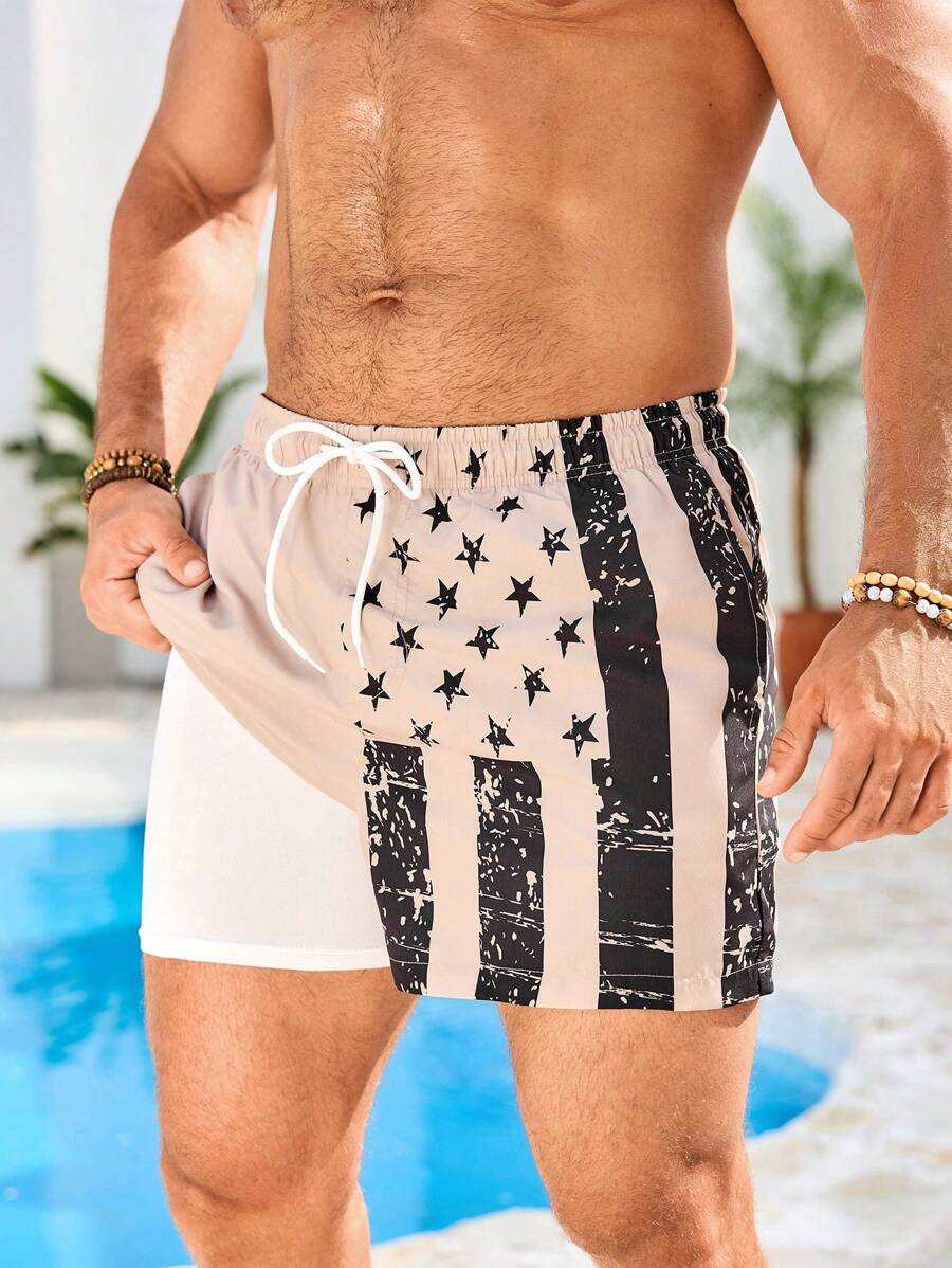 Manfinity Swimmode Men's Summer Beach Shorts With American Flag Print & Drawstring Waist, 2-In-1 Casual Holiday Style