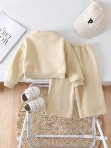 SHEIN 2pcs Baby Girls Outfit, Thermal Lined Warm Personalized Embroidered Letter Hoodie Sweatshirt & Pants Set, Suitable For Outgoing And Home Wear, Autumn/Winter Baby Tracksuit Toddler Co Ord Baby Casual Sets Baby Set Autumn Winter Season Neutral Baby Clothes Fall - Khaki - View 2