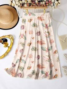 SHEIN Clasi 大码休闲水彩印花A字裙女款半身裙 - 彩色 - 查看 2