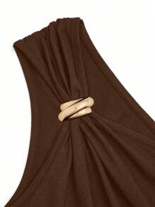 Velvienne 大码女式金属装饰肩部修身黑色上衣 - 咖啡棕 - 查看 4