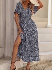 LanaWest Vacation Casual Ditsy Ditsy Floral Side Slit Dress