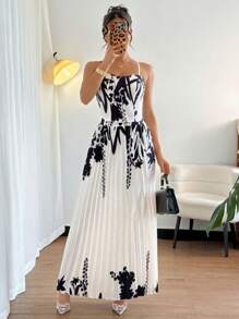 Chiquease Islaluna Casual Minimalist Digital Print Camisole Top And Pleated Skirt 2 Pieces Set