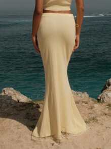 Opulessa Saia feminina elegante de patchwork em renda de cor sólida