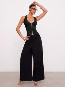 Hauture Women's Solid Color Zipper V-Neck Sleeveless Bodycon Top