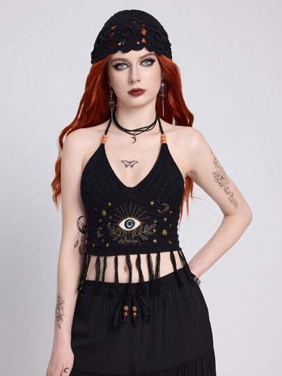 Boho Summer Women, Black Asymmetrical Fringed Knit Top With Moon And Star Embroidery, Hippie Vacation Style