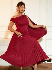 Elenzga 大码女式优雅针织拼布褶皱裙高腰连衣裙，酒红色