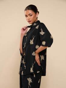 COSMINA Women's Embroidered Front Button Summer Casual Versatile Shirt - Black - View 8