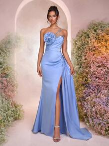 Glamrae Elegant Luxurious 3D Floral Rhinestone Embellished Stretch Satin Ruched Mermaid Maxi Skirt With Side Slit,Suitable For Wedding,Party,Formal Occasion - Green - View 7